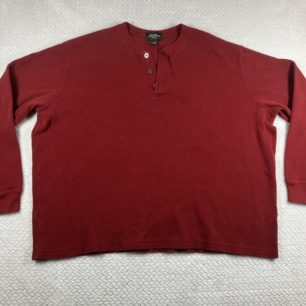 Eddie Bauer Shirt Mens 2XL Red Henley Thermal Waffle Knit Grid Outdoors